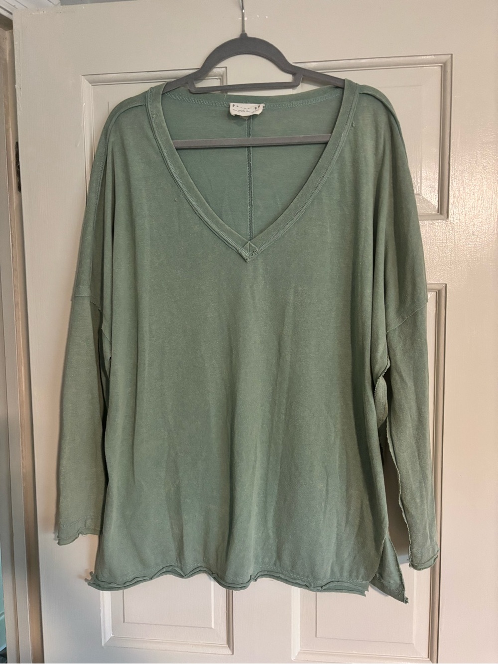 Oversized V-Neck Long Sleeve Top - Sage Green